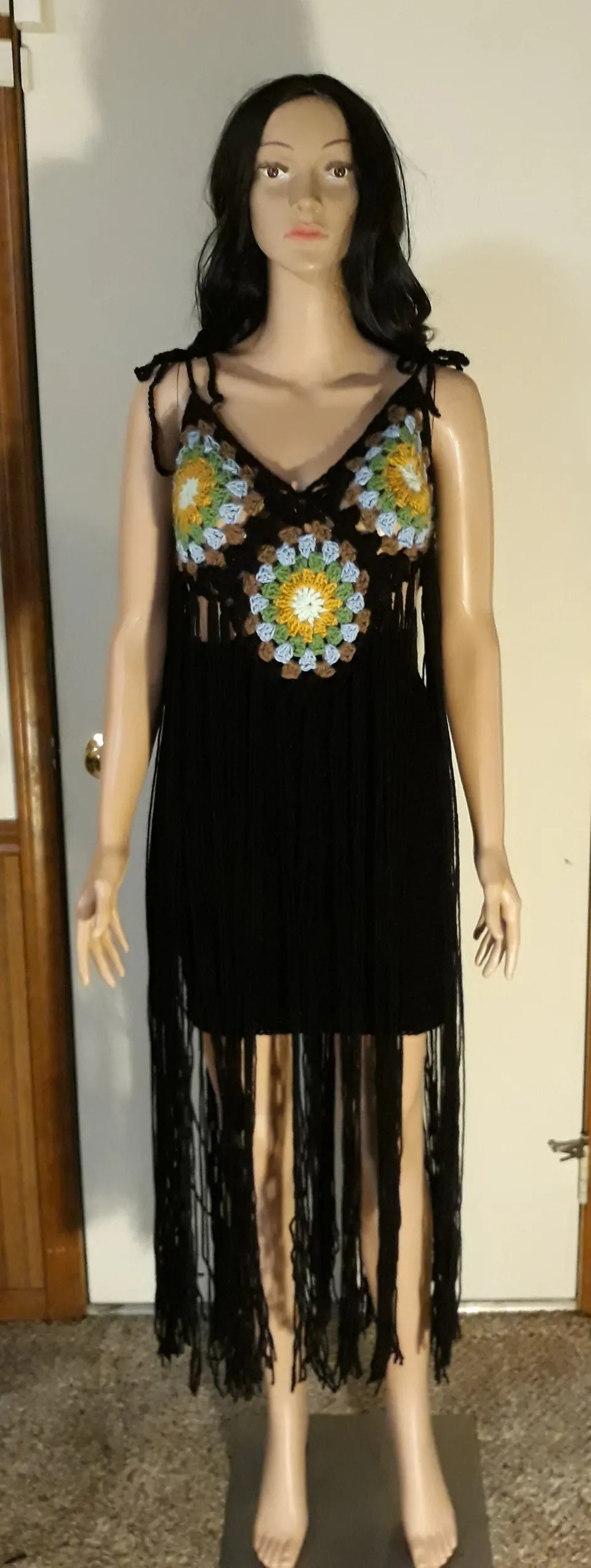 Black Granny Square Fringe Dress