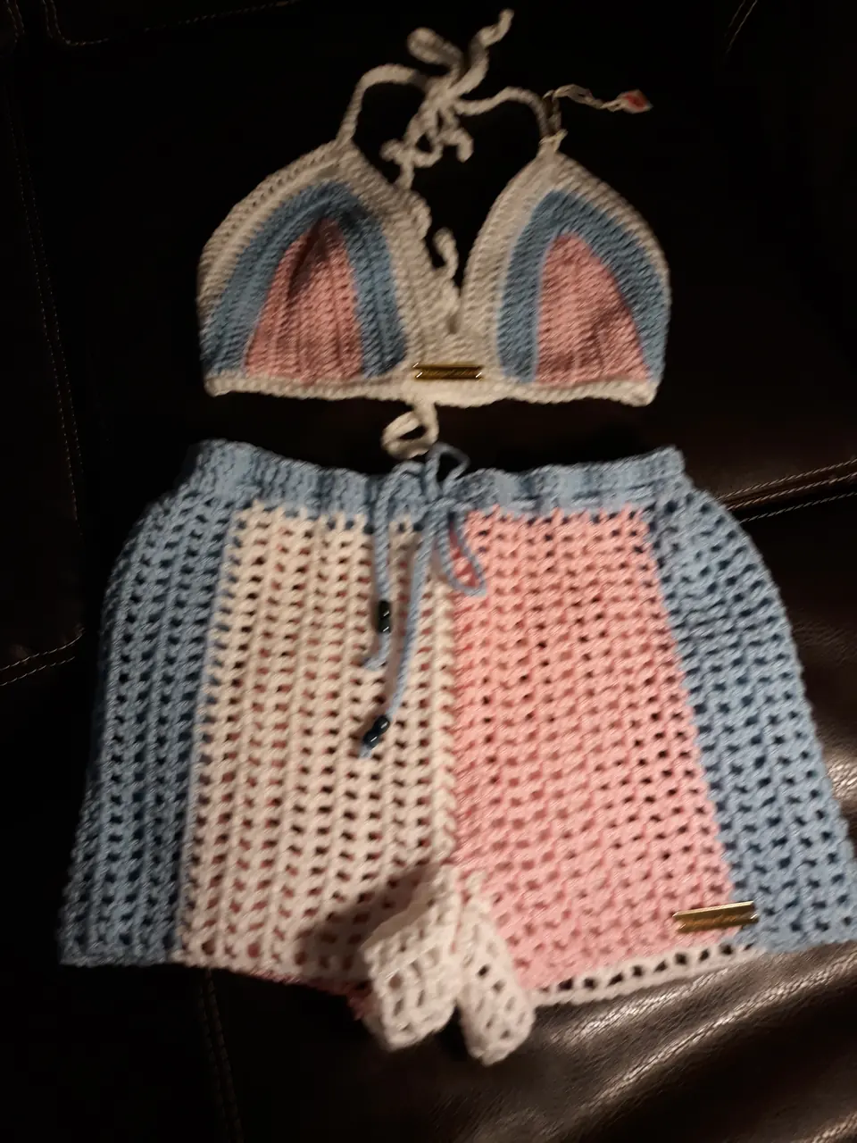 Blue, Pink and White Halter Top and Shorts Set