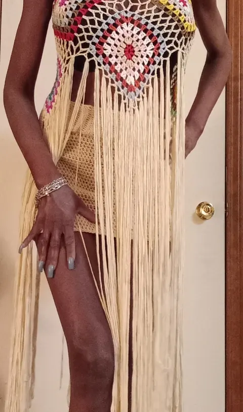 Cream Granny Square Fringe Dress