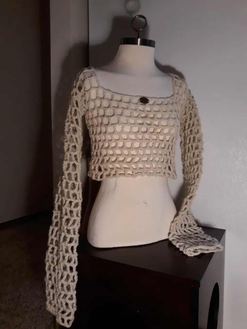 Cream Mesh Crop Sweater with Button