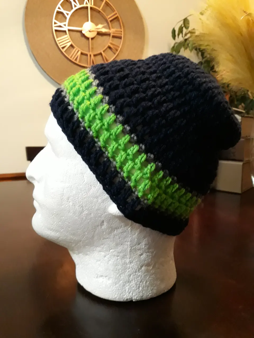 Navy Beanie with Green Stripe