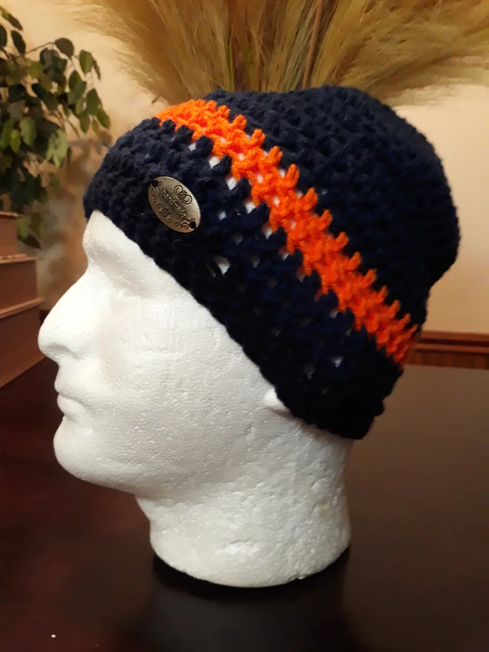 Navy Beanie with Orange Stripe