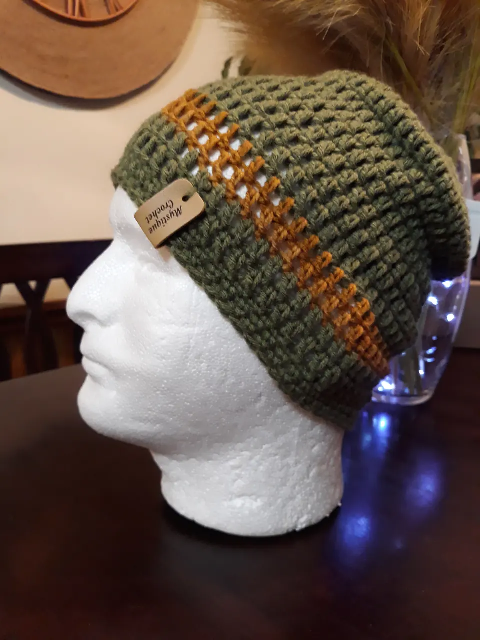 Olive Beanie with Mustard Stripe