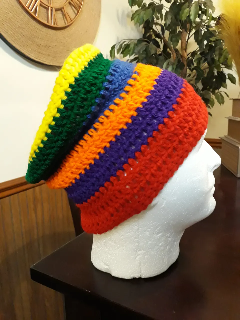 Rainbow Slouch Beanie, Red Brim